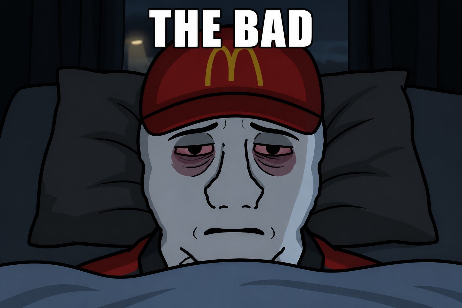 Anon in bed at night, still in the uniform, too tired to take the hat off