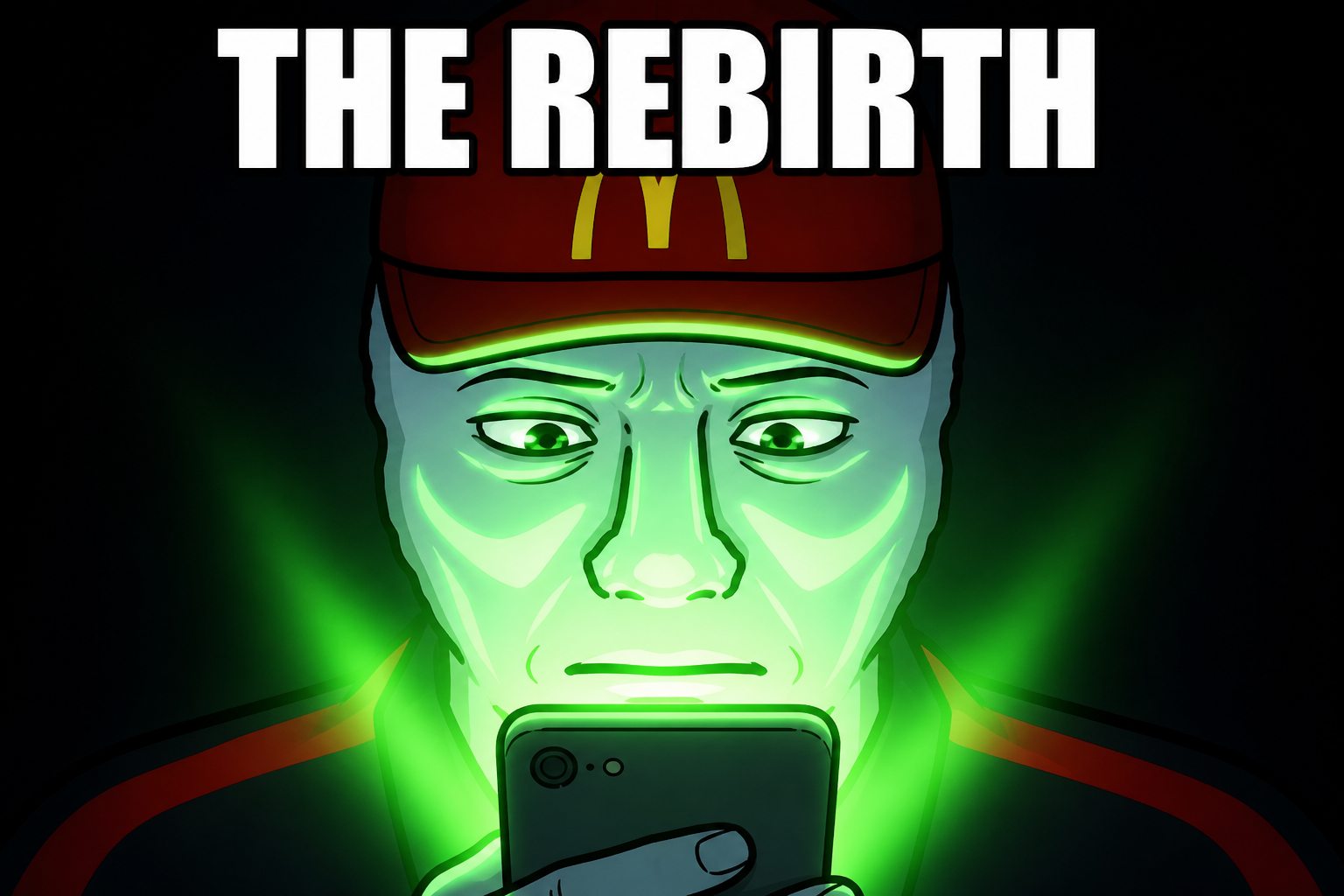 Anon lit from below by a green phone screen, awake this time